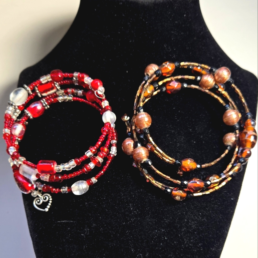 Red and Brown Multi Beaded Stretchy Bracelet Set